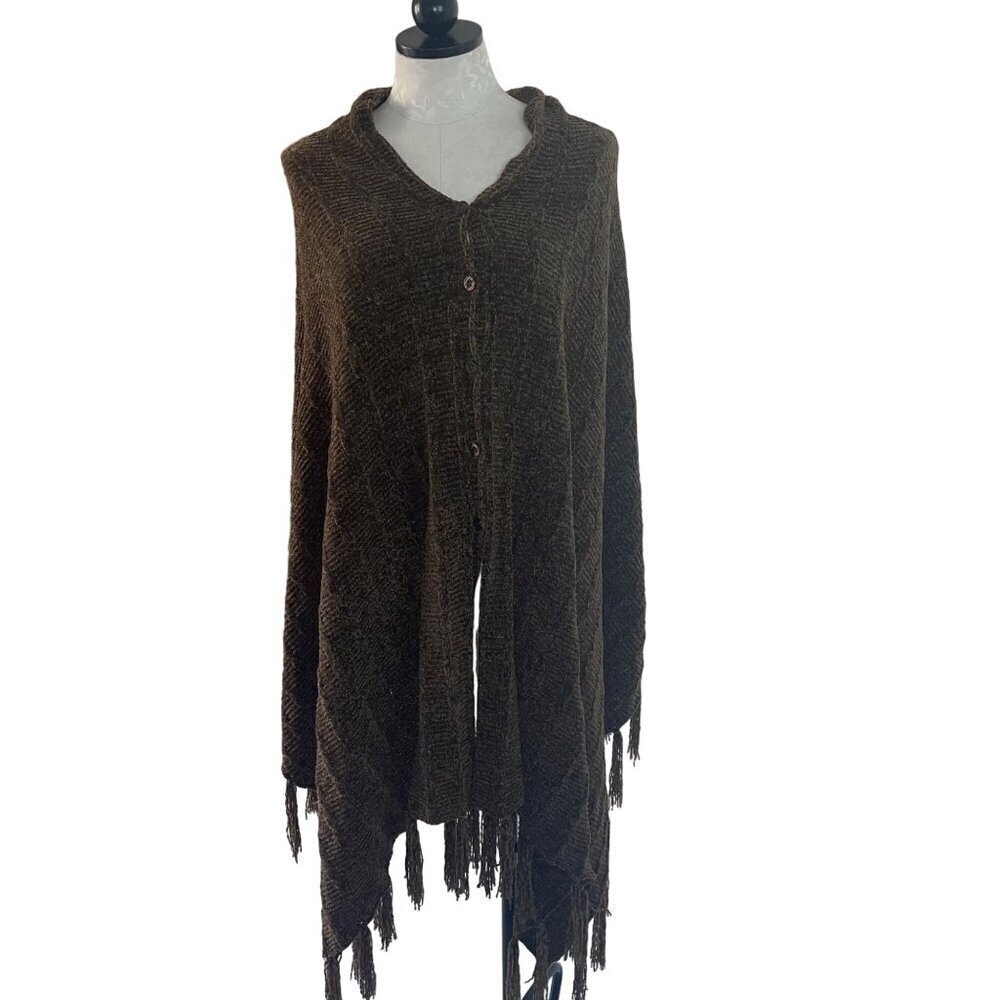 Womens Poncho One Size Brown Button Front Fringe Knit Soft Chenille Casual